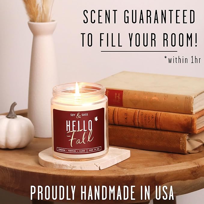 Fall Candles - 'Hello Fall Scented Candle' w/Cinnamon, Pumpkin & Fir I Infused with Essential Oils Autumn Scented Soy Candles for Home Décor, 9oz Reusable Jar, 50Hr Burn, Made in USA