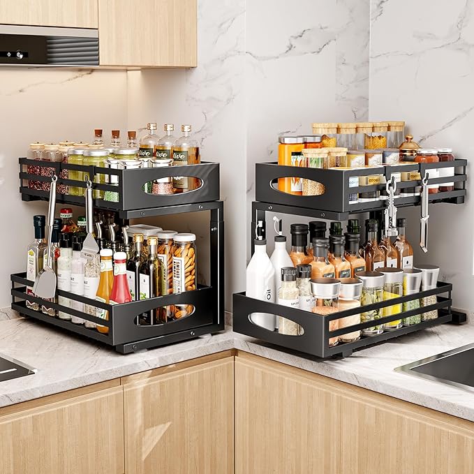mixeshop Under Sink Organizer, 2 Tier Under Sink Organizers and Storage, Adjustable Height, Slide out Metal Cabinet Organizers, Pull out Cabinet Storage Drawer Shelf for Kitchen Bathroom Black 2Pack
