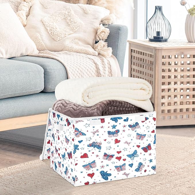 Bolaz Storage Bins with Lids and Handles,Butterfly Flag Stars Pattern Storage Box Basket with Cover Collapsible Organizer Containers for Home Closet, Shelves