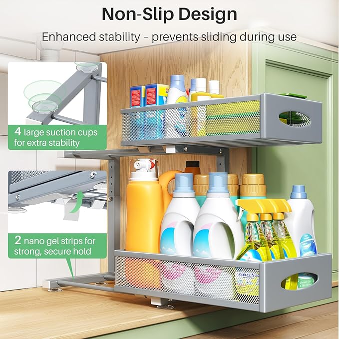 1 Pack Under Sink Organizer, 2 Tier Pull out Cabinet Organizer Mesh Baskets with 5 Adjustable Heights, Sliding Drawers Storage Shelf for Home, Kitchen, Bathroom, Pantry, Office, Countertop ,Grey