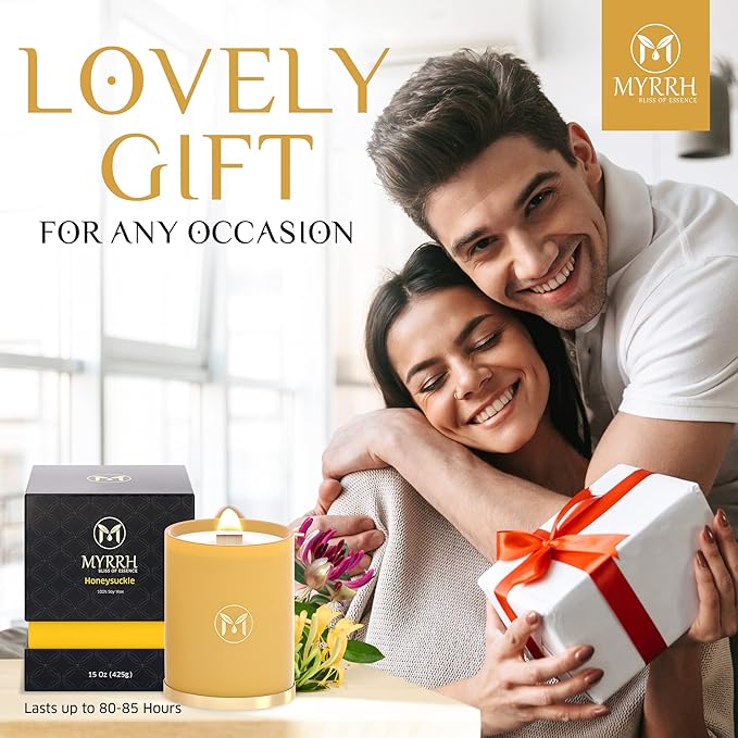 MyrrhUSA Honeysuckle Scented Candle – 15 oz Natural Soy Wax with Crackling Wooden Wick & Essential Oils | 80 Hour Burn | Luxury Aromatherapy Candle for Relaxation, Home Décor, Living Room & Bathroom