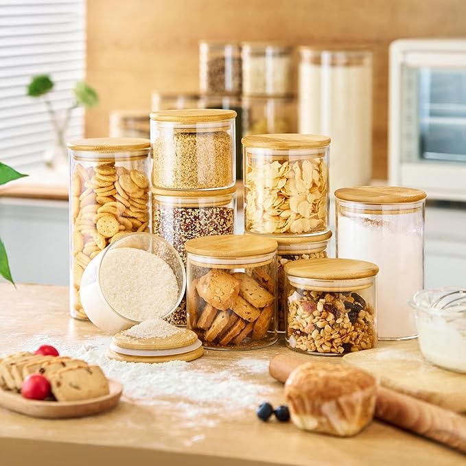 HomArtist 17oz - 4 Pack Glass Jars with Bamboo Lids, Glass Food Storage Containers with Airtight Lids, Air Tight Pantry Storage Containers for Coffee, Sugar, Spice, Meal Prep Jars for Salad & Fruit