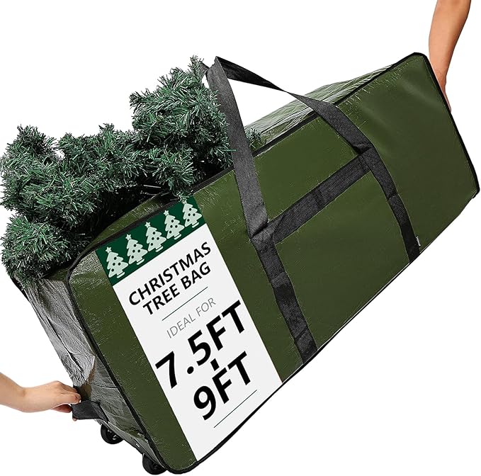 HOMEST Christmas Tree Storage Bag, Fits for 7.5-9 ft Xmas Artificials, Zippered Bag with Reinforced Carrying Handles and Wheels, Green (Bag Only)