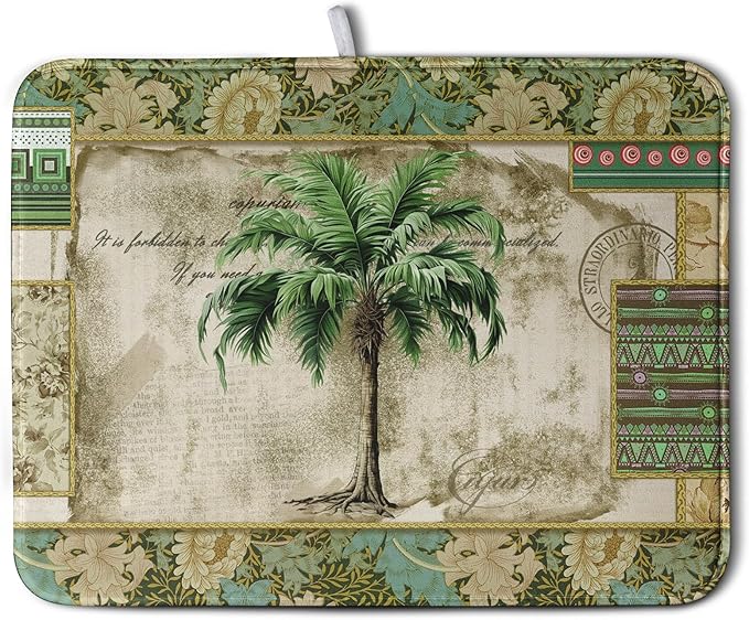 Palm Tree Kitchen Dish Drying Mat for Dishes 18x24 Inch Summer Vintage Tropical Leaves Green Jungle Plant Drying Mat Botanical Dish Drainer Mat Super Absorbent Dish Rack Pad for Coffee Bar Sinks