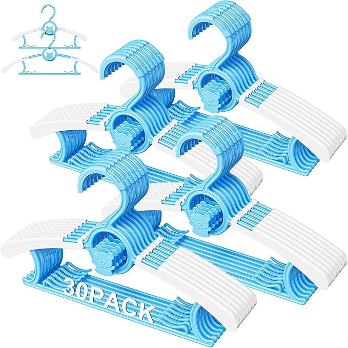 30 Pack Kids Hangers for Nursery Closet, Adjustable Non-Slip Toddler Baby Hangers with Windproof Buckle, 11-14" Infant Child Plastic Clothes Pant Hanger for Boys Girls Newborn Adult, Blue