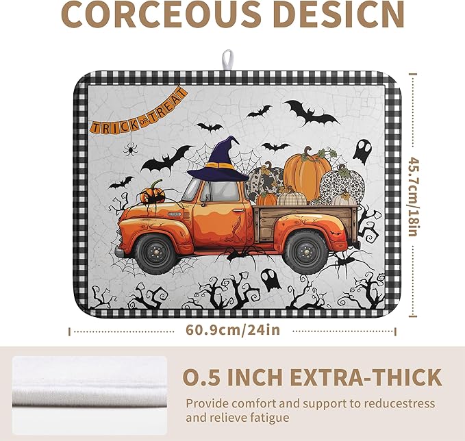 Happy Halloween Pumpkin Truck Dish Drying Mat For Kitchen Trick or Treat Microfiber Absorbent Dish Drying Mats Spooky Black Bat Ghost Self Dish Draining Mat 18x24 In Coffee Bar Spill Pad Decoration