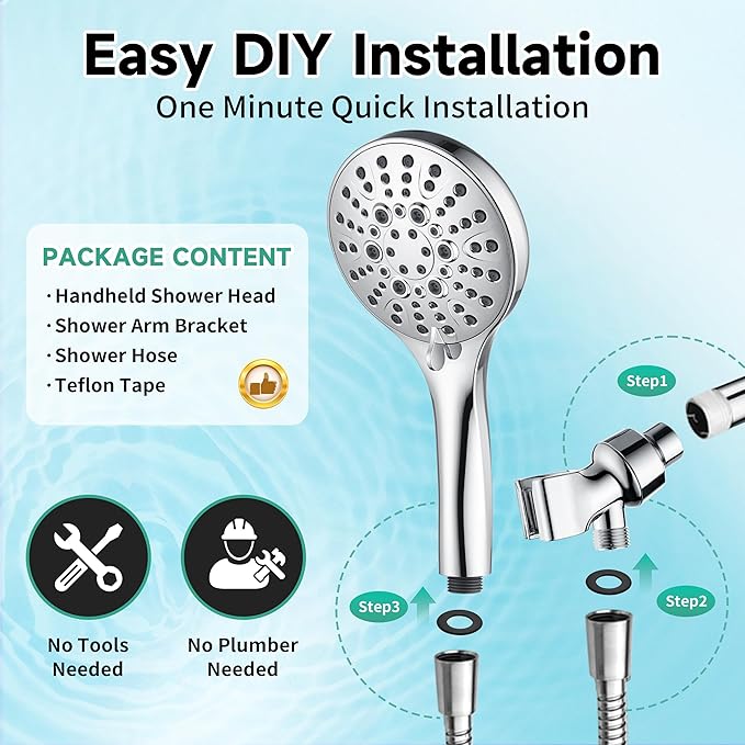 BRIGHT SHOWERS High Pressure Shower Head with Handheld, 9 Spray Settings Showerhead Built in Power Wash to Clean Tub and Pets, Extra Long 69" Hose, Adjustable Bracket, Chrome