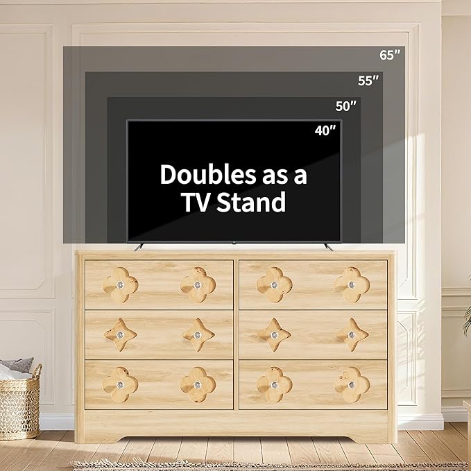 Garvee Dresser for Bedroom with 6 Drawers, 47.2'' Wide Chest of Large Decorative Drawer Front with Large Clothes Storage Cabinet, Wood Bedroom Dresser, TV Stand for Nursery, Living Room, Hallway, Oak