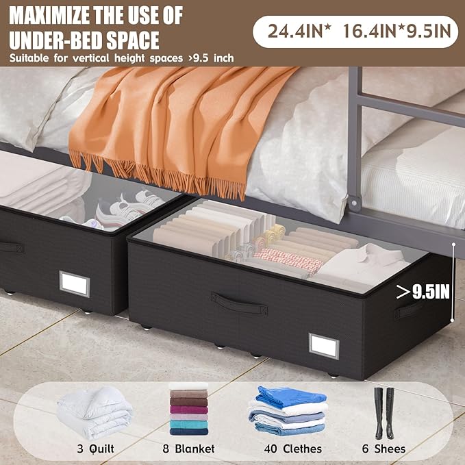 EE-RoomWorld Underbed Storage Bins With Wheels, No Assemble Required 10 inches Height Large Capacity Rolling Underbed Shoe Storage Containers，Dorm Underbed Storage Drawers