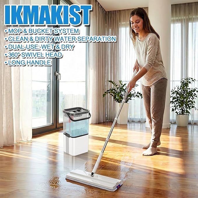 Mop and Bucket with Wringer Set, Flat Floor Mop and Bucket System with Separate Clean Dirty Water, Self Wringing Microfiber Dust Mop for Hardwood Floors, Kitchen, Wall Cleaner - Includes 4 Pads