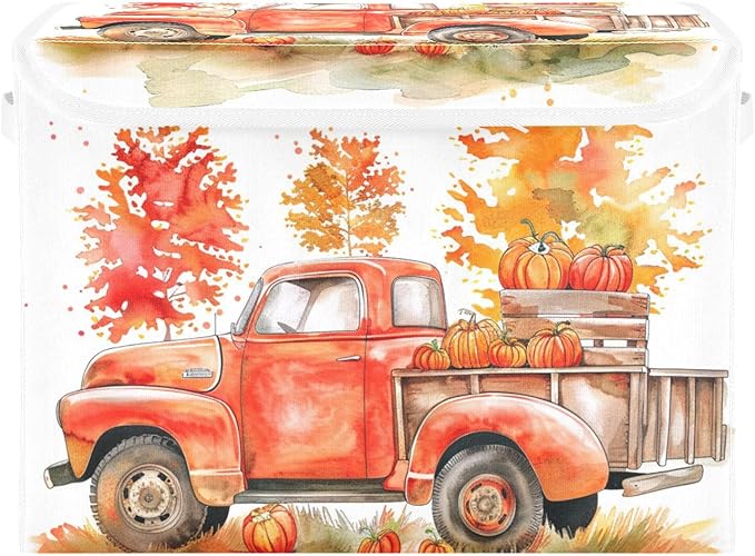 senya Thanksgiving Baskets Collapsible Storage Bins with Lids, Orange Truck Fall Harvest Storage Boxes Clothes Baskets for Organizing, B06D22020
