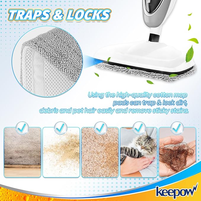 KEEPOW Steam Mop Pads Compatible with GorFanty GF-6610B/GF-6610, Compatible with Mxnsewr, Fit for Neugo NE033/NE033M Steamer Mop, Microfiber Absorbent Steam Mop Replacement Pads for Multi-Surface