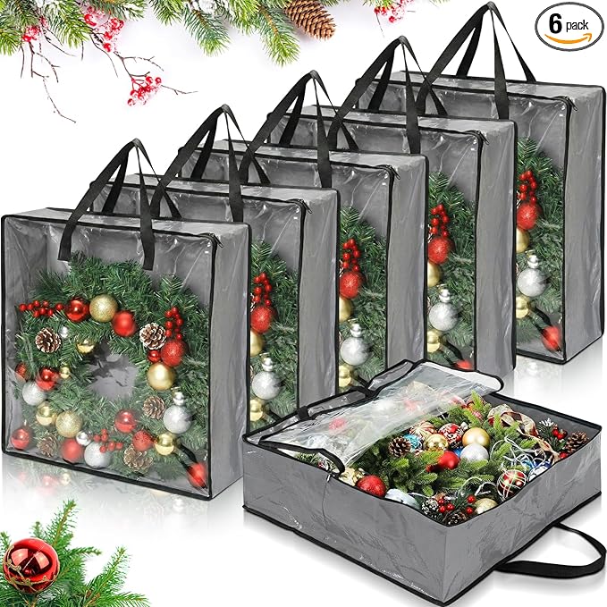 Oversized 6 Pack Storage Bags with Zipper 25 Gallon Tote Bags Moving Travel Camping Essentials Packing Supplies for Clothes Wreaths Quilts Decorations Toys, 26 x 26 x 8.7 Inches(Gray)