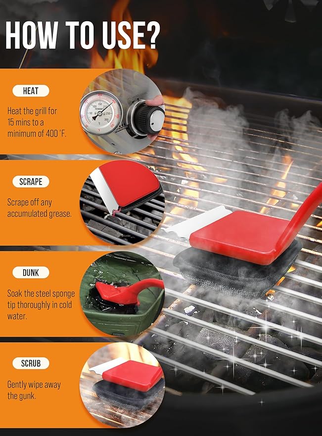 Grill Brush Bristle Free, Grill Cleaner Brush with 5 Replacement Heads, Ultra Safe Grill Brush for Outdoor Grill, Cast Iron, Stainless Steel Grates, Grill Scraper Outdoor BBQ Grill, Red