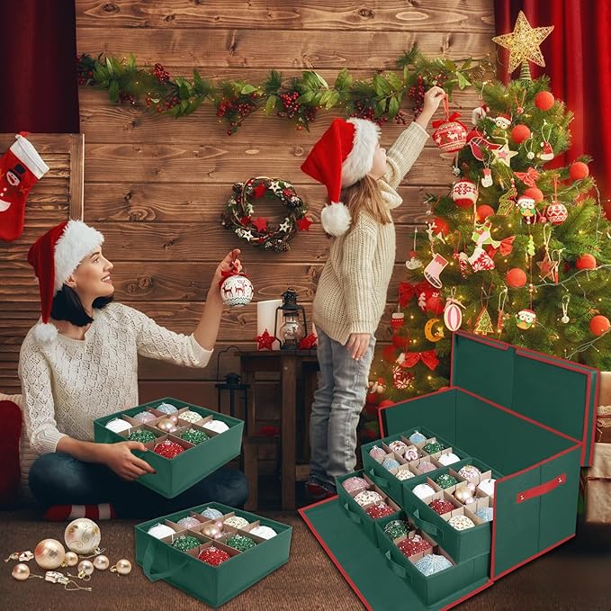 Large Christmas Ornament Storage Box with 6 Drawer Style Trays Fits 54 of 4" Ornament Balls - Side Opening, Christmas Container Perfect for Holiday Decorations, 600D Oxford Fabric Tear-Proof