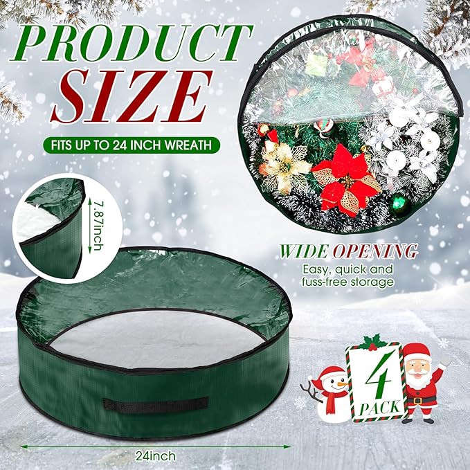 4 Pcs Christmas Wreath Storage Bag, Christmas Garland Storage Container with Clear Window, Zipper & Handle for Xmas Holiday Seasonal Wreath Garland Box(Green,24")