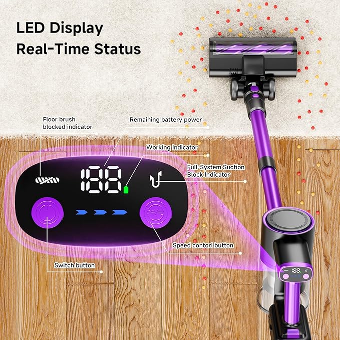 Honki Cordless Vacuum Cleaner, 500W/40Kpa Vacuum Cleaners for Home, Stick Vacuum Cordless with LED Display, Anti-Tangle & Wall Mount, 8 in 1 Lightweight Vacuum for Hard Floors Pet Hair(Purple)