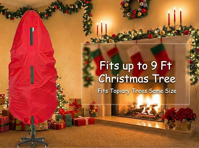 Upright Christmas Tree Storage Bag - Fits 9 Ft Artificial Xmas & Topiary Tree, Vertical Holiday Cover, Durable, Dustproof & Easy-Use Xmas Storage, Red