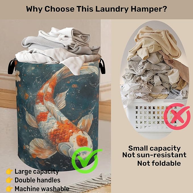 Japanese Style Fish Laundry Basket - Heavy Duty 60L Dirty Clothes Organizer, Water Resistant Foldable Hamper for Men Women