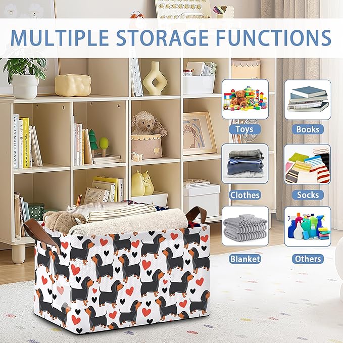 Dachshund Storage Basket,Red Heart Collapsible Storage Bin Cubes for Living Room Bedroom Blankets Home Storage 17x11.5x10Inch