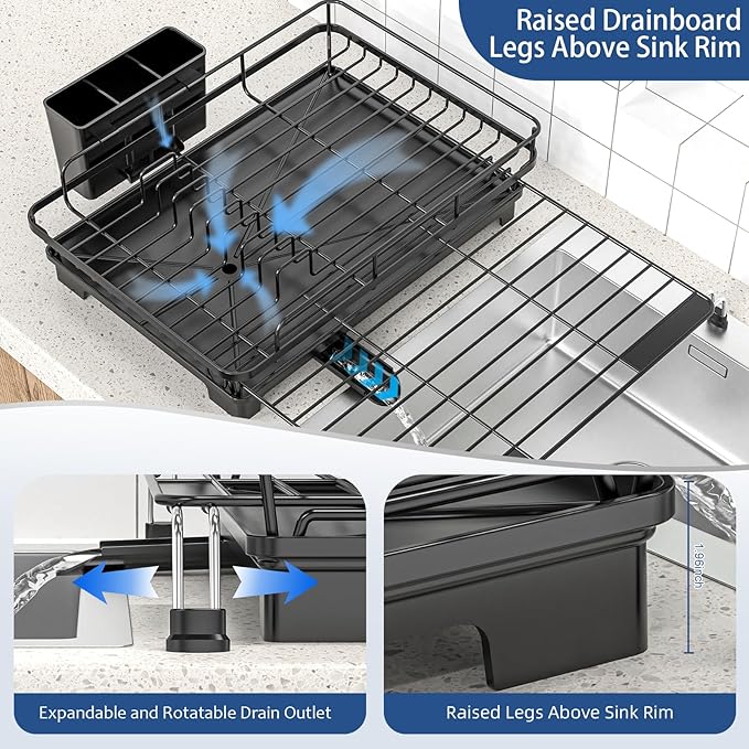 ULAIHOMN Extendable Dish Drying Rack for Kitchen Counter, Rustproof Stainless Steel Dish Rack with 360° Swivel Spout, Large Capacity Expandable Sink Drainer for Bowls, Pots, Silverware - Black