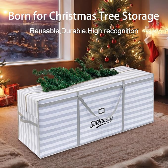 Small Christmas Tree Storage Bag 4ft/5ft Heavy Duty Reusable 600D Oxford Fabric, Moistureproof Dustproof Christmas Tree Bag for Short Artificial Christmas Tree(39X12X24in, Gray-White Stripes)