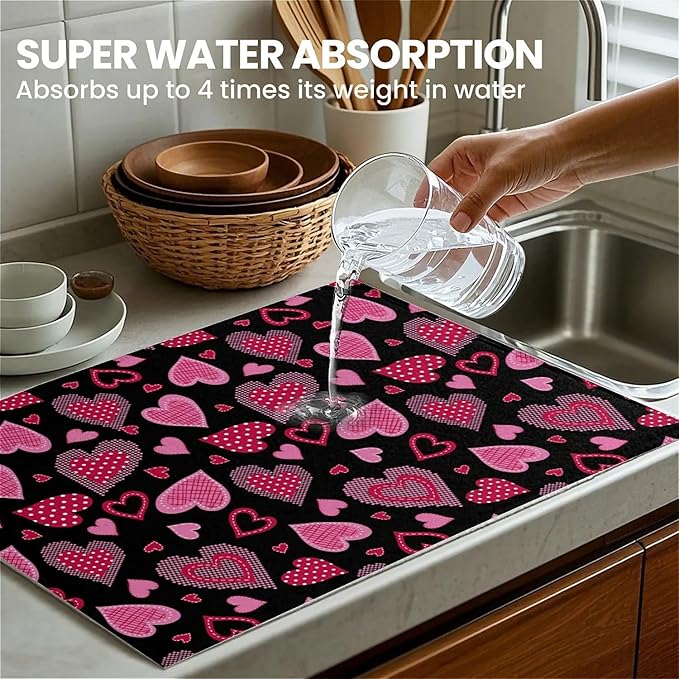 Dish Drying Mat For Kitchen Counter, Pink Love Heart Microfiber Absorbent Dish Drainer Rack Pad Reusable Large 18x24in Drying Mat