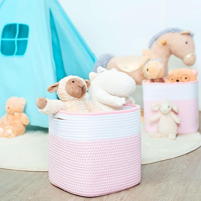 MINTWOOD Design 3-Pack 11x11 Inch Cube Storage Bin, Woven Storage Cube Organizer, Closet Organizer, Cute Square Storage Bins, Decorative Classroom Bathroom Pantry and Shelf Baskets, Light Pink