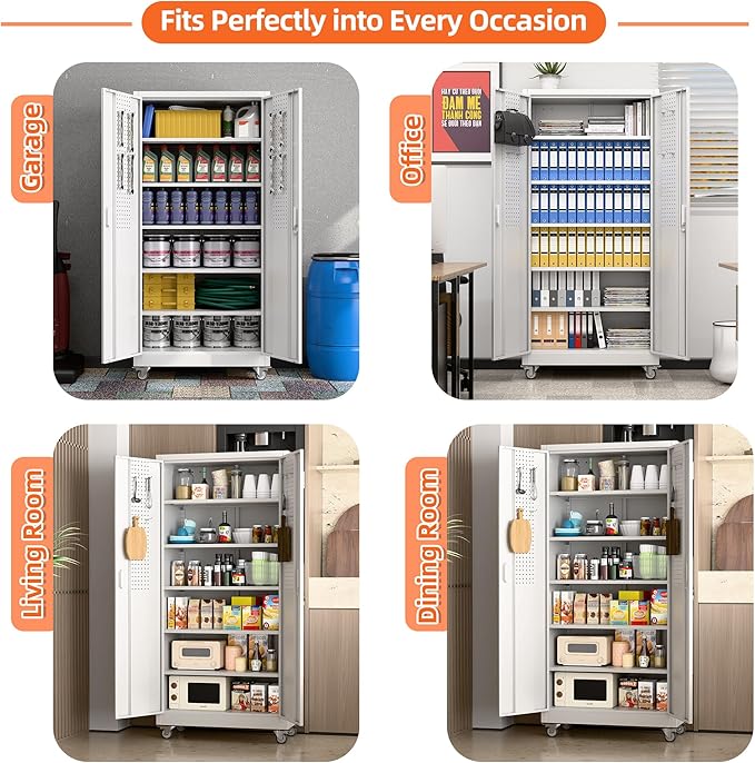 Aobabo 71" H×32" W×16" D Garage Storage Cabinet with Wheels, Metal Storage Cabinet with 5 Adjustable Shelves and 4 Hooks for Home Office, Kitchen, White, Assembly Required
