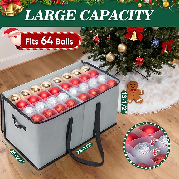 BALEINE Christmas Ornament Storage Box with Dividers, Premium Holiday Ornaments Storage Container Bin for Xmas Decorations (128 Ball, Black, Soft)