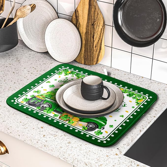 Shamrock Gnome Truck Dish Drying Mat Lucky Clover Dish Drainer Mat 16x18 inch Absorbent Fast Dry Pad for Kitchen Counter Coffee Bar Decor