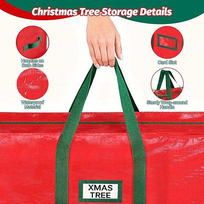StorageRight Christmas Tree Bag & Ornament Storage Box 2Pcs Set, Waterproof 9 Ft Tree Storage & 64-Compartment Organizer with Dividers, Tag Pockets & Handles, Heavy-Duty Xmas Decor Containers, Red