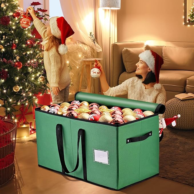 Mrrihand Christmas Ornament Storage Box, Ornament Storage Container with 8 Trays-Xmas Decoration Organizer Keeps 128 Holiday Ornaments 3-Inch, Dual Zipper Closure, 600D Tear-Proof（Green）