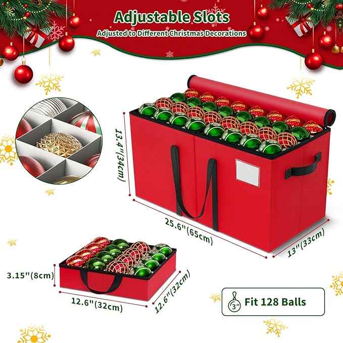 Christmas Ornament Storage Box - Large & Sturdy Christmas Storage Container with Adjustable Dividers, 8 Individual Trays and Handles, Holds up to 128 Holiday Decorations (Red)