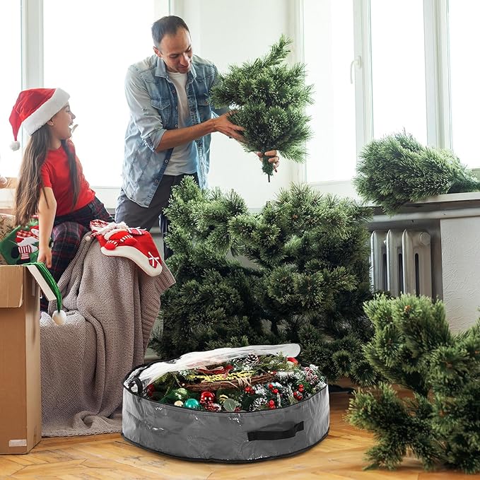 Aliceset 4 Pack Wreath Storage Containers, Christmas Ornament Garland Wreath Storage Bags with Handle Dual Zipper Large Decorative Storages Box for Winter Wreaths(30 x 30 x 7.8 Inch,Gray)