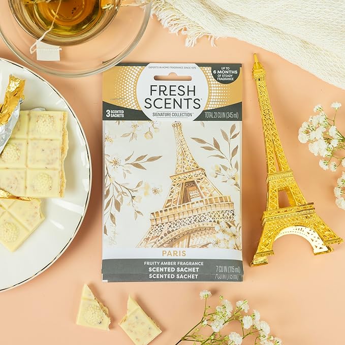 Fresh Scents Scented Sachets | Paris | Home Fragrance | Long Lasting (Up to 6 Months) | Air Freshener for Closets, Drawers, & Cars | 6 Pack