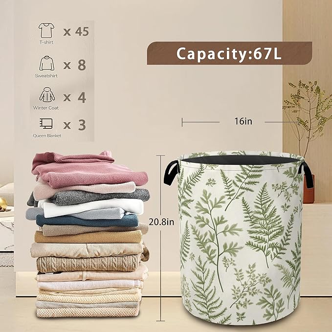 Sage Green Collapsible Laundry Baskets,Eucalyptus Leaves Laundry Hamper,Storage Basket with Handles for Bathroom Bedroom College Dormitory Living Room Nursery Organizer 16"x20"