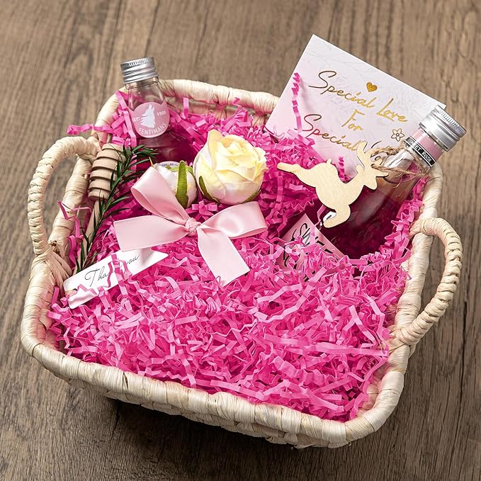 Mefleet 1 LB Crinkle Cut Paper Shred Filler Pink Crinkle Shredded Paper for Gift Box - Gift Basket Bag Filler - Grass Cushion Stuffing for Mother's Day Holiday Packaging Wrapping