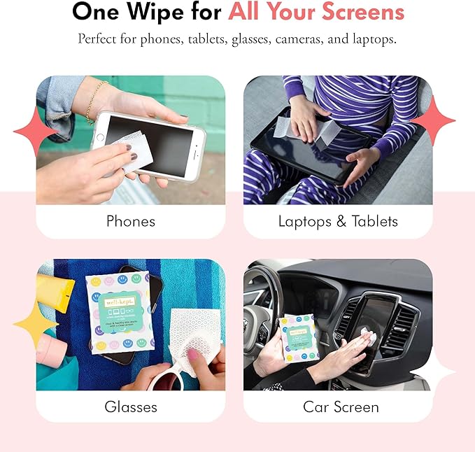 Well-Kept Tech & Lens Wipes - Eyeglass, Screen & Phone Cleaning, Multi-Surface, Lint-Free, Pre Moistened, Streak-Free & Non Scratching - All Smiles, 12 Pack (180 Count)