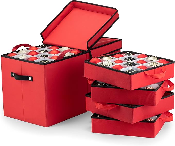 ZOBER Christmas Ornament Storage Box - Stores 128 3" Ornaments with Individual Trays - Tear Proof 600D Oxford Fabric - ornament organizer storage box, Durable Christmas Containers Holder - Red