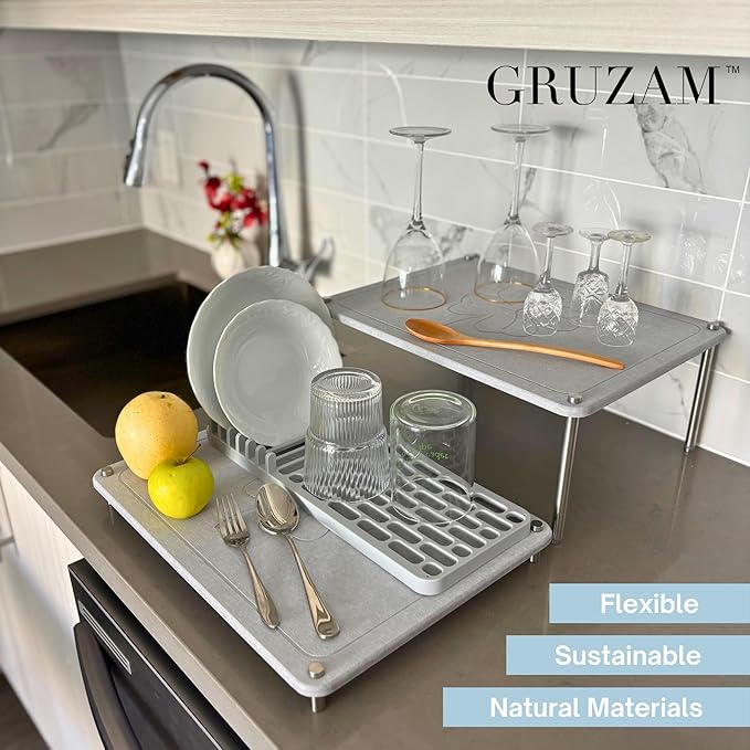 GRUZAM 2 Pcs Stone Dish Drying Mat, 2 Tier Dish Drying Stone for Kitchen Counter with Absorbent Dish Drying Mat, Stone Dish Drying Rack, Flexible Stone drying rack (Sandstone, 15.6" x 11.7" x 6.7")