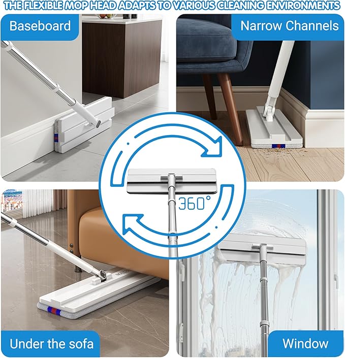 Mop and Bucket with Wringer Set, Flat Floor Mop and Bucket System with Separate Clean Dirty Water, Self Wringing Microfiber Dust Mop for Hardwood Floors, Kitchen, Wall Cleaner - Includes 4 Pads