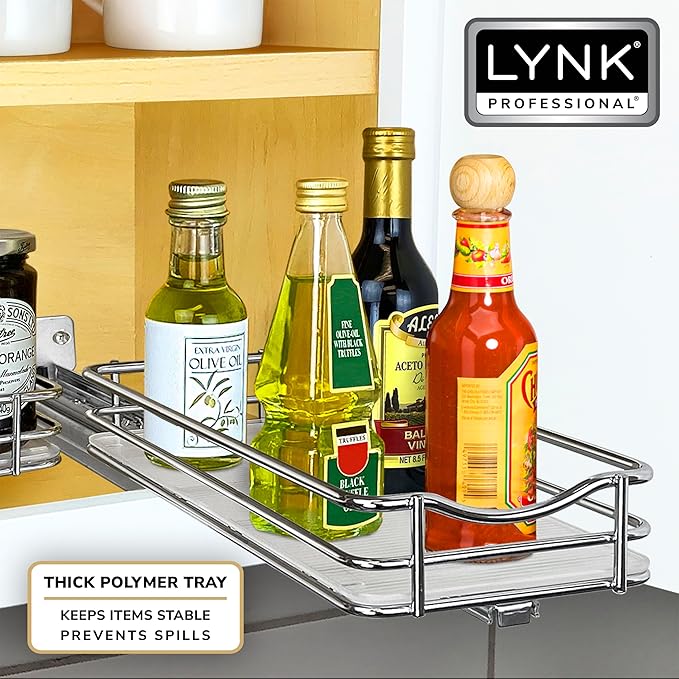 LYNK PROFESSIONAL® Pull Out Spice Rack Organizer for Inside Kitchen Cabinets - 4-3/8 inch Wide - Slide Out Drawer – Chrome Sliding Spice Cabinet Organization Shelf Racks - 1 Tier