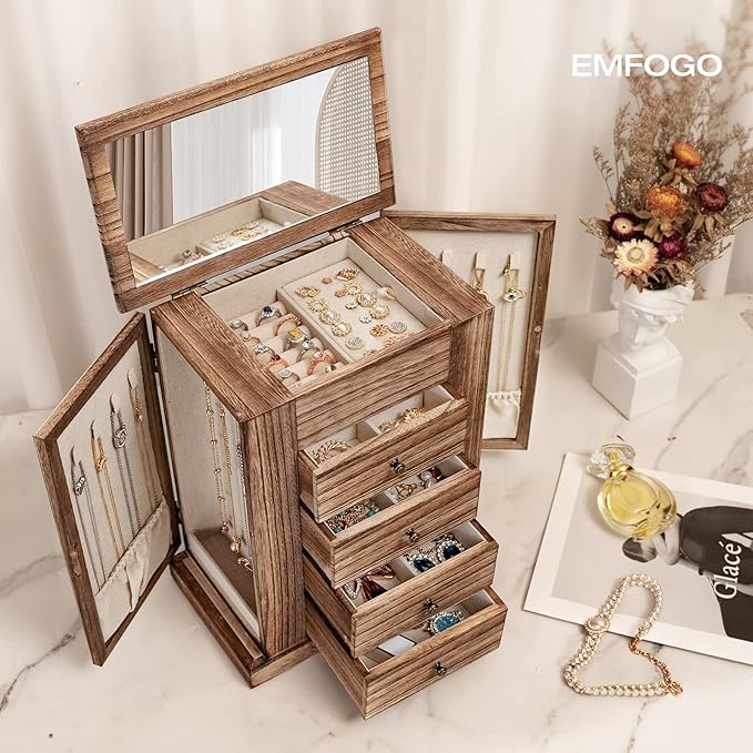 Emfogo Jewelry Box for Women, 5 Layer Large Wood Boxes & Organizers for Necklaces Earrings Rings Bracelets, Rustic Organizer with Drawers and Mirror(Carbonized Black)