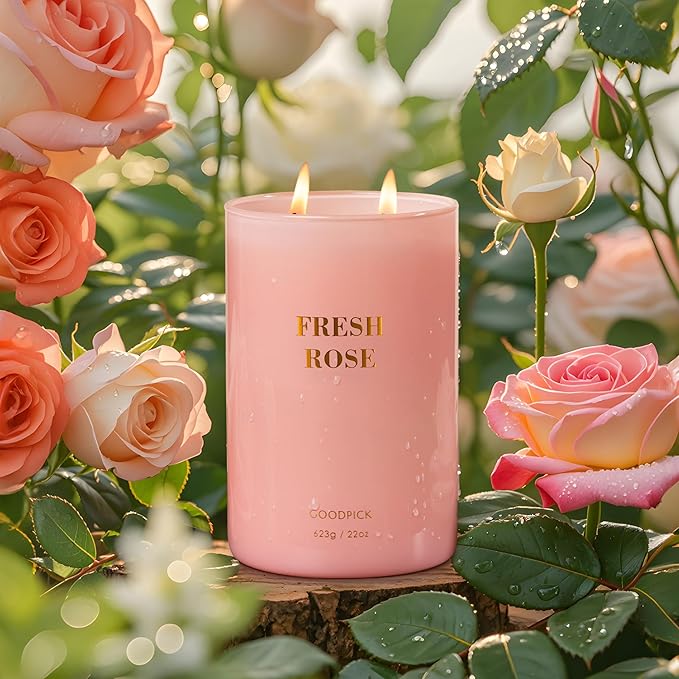 Goodpick Fresh Rose Candles for Women, Pink Candle, Soy Wax 22oz Large 120 Hours Burning, Aromatherapy Candles