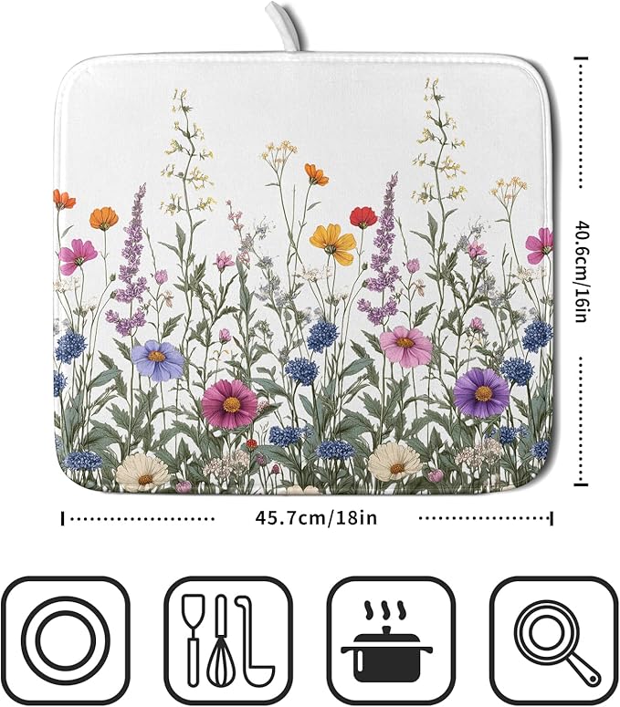 Giwawa Flower Herbs Dish Drying Mat Botanical Plant Dishes Drainer Mat 16x18 inch Reversible Microfiber Drying Dish Pad for Kitchen Counter Decor