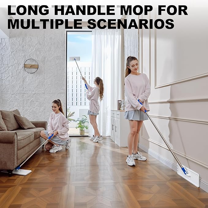 BEJOMOP Mop and Bucket Set with Wringer, Squeeze Wall Mop Cleaner with Long Handle, Flat Mop and Bucket System, Dry & Wet Dust Mops for Household Floor Cleaning with 3 Microfiber Mops, Slate Blue