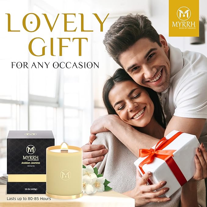MyrrhUSA Arabian Jasmine Scented Candle – 15oz Natural Soy Wax with Crackling Wooden Wick & Essential Oil | 80 Hour Burn | Luxury Aromatherapy Candle for Relaxation, Home Décor, Living Room & Bathroom