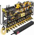 POKIPO 49.5" W Large Power Tool Organizer Wall Mount with Charging Station, 4 Tier Heavy Duty 12 Cordless Drills Holder Load 800 lb, Tool Battery Storage Rack Built in 8 Outlet Power Strip for Garage