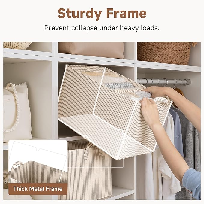 StorageWorks Storage Bins, Fabric Storage Bins for Shelves, Extra Large Storage Baskets with Metal Frame, Closet Baskets and Bins with Handles, Jumbo, Gray and White Stripes, 2-Pack